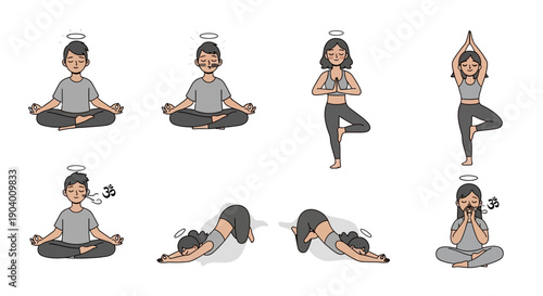 Woman practicing various yoga poses in serene illustrations showcasing flexibility and mindfulness in different positions