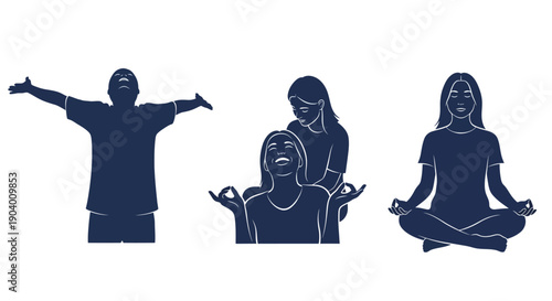 People practicing yoga and meditation in various poses and serene environments, vector illustrations