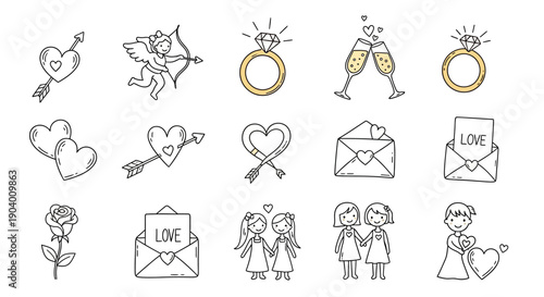 Wedding icons set including hearts, rings, and couples in love, symbolizing romance and celebration in simple line art