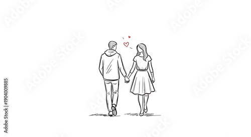 Couple holding hands and walking together with love hearts floating above them in a simple illustration