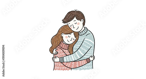 Illustration of a man embracing a young girl tenderly with affection and warmth