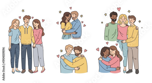 Diverse couples embracing and standing together, surrounded by hearts and stars, in a joyful illustration