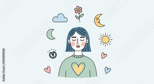 Illustration of a serene woman surrounded by hearts, celestial bodies, and a flower, conveying a sense of love and tranquility from a frontal viewpoint