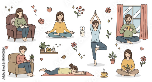 Woman Practicing Yoga and Meditation in Various Poses and Settings at Home