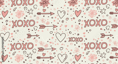 Valentine's Day Pattern Featuring Hearts, Arrows, and XOXO Symbols in a Whimsical Design
