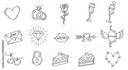 Collection of wedding icons and symbols in simple line art design