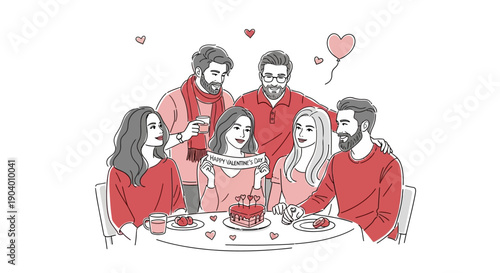 Group of friends celebrating birthday with cake and hearts surrounding the table, Whisk concept illustration