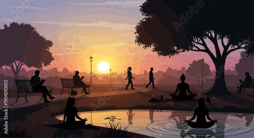 Serene park scene at sunset with people meditating and walking around a pond with trees in the background from a distant viewpoint