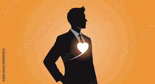 Man in suit with glowing heart, symbolizing passion and dedication, in a powerful silhouette illustration