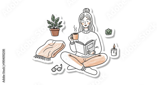 Woman relaxing at home surrounded by plants and books, enjoying a warm beverage illustration