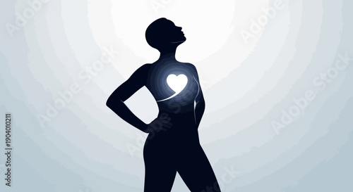 Silhouette of a woman with a glowing heart, standing confidently with hands on hips, in a circular radiant light environment