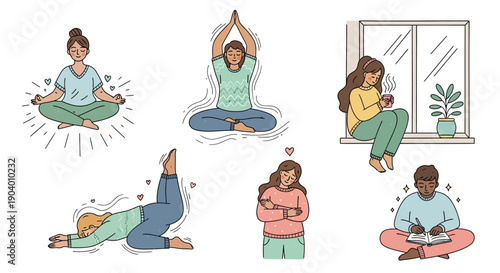 People practicing yoga and meditation in various poses with serene expressions in a peaceful environment illustration