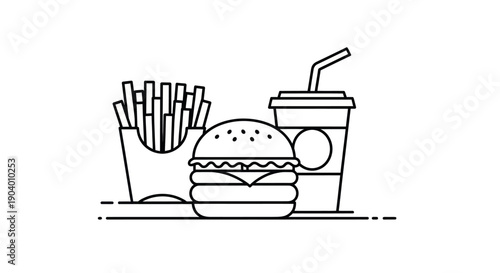Classic fast food meal with burger, fries, and soda in outline style.