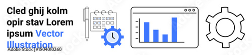 Bar graph on browser window, calendar, clock with gear, and large cogwheel. Ideal for data management, productivity, planning, process improvement, time tracking teamwork and simple landing page