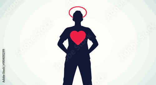 Silhouette of a person with a heart symbol on their chest, conveying confidence and compassion, depicted from a front viewpoint