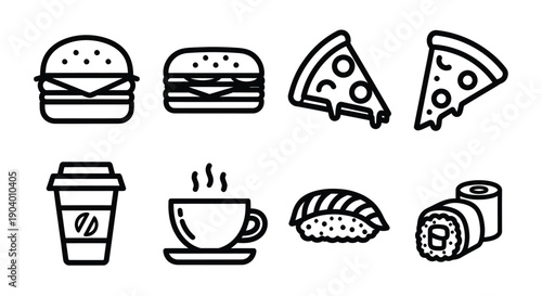 Collection of Fast Food and Drink Icons in Outline Style.
