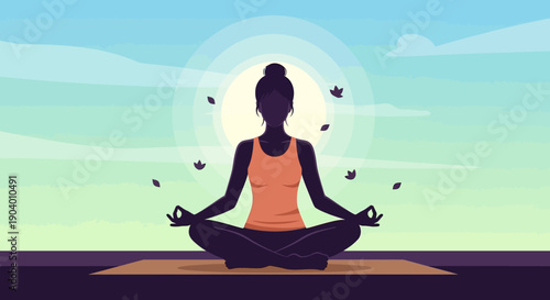Woman meditating in lotus position surrounded by butterflies in a serene landscape with a bright aura, viewed from the front