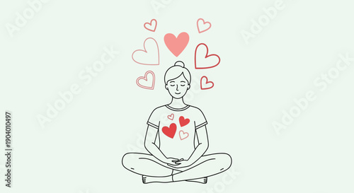 Person meditating with hearts surrounding their body in a serene environment, viewed from the front