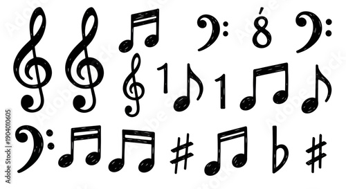 Collection of Musical Notes and Symbols Hand Drawn Style.