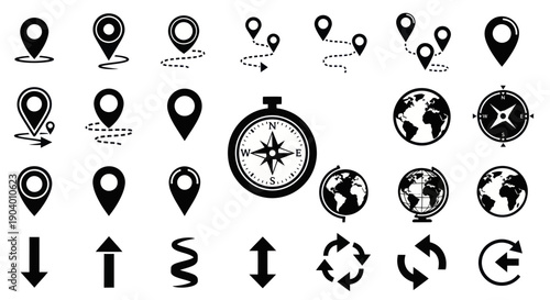 Collection of Navigation and Travel Icons Including Maps and Compasses.