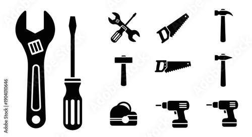 Collection of various black silhouette hand tools for construction and repair work.