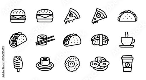 Collection of various fast food and snack outline icons.