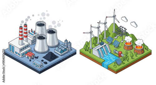 Comparison of polluting fossil fuel power plant and clean renewable energy sources.