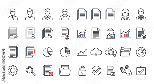 Comprehensive collection of business and data management line icons.