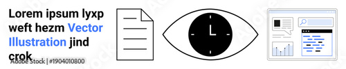 Time management, data analysis, digital tools, productivity, analytics, research . A document, clock eye icon and dashboard interface are portrayed. Time management and data analysis