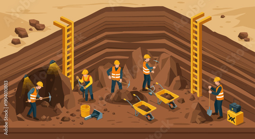 Construction workers excavating a large pit with heavy machinery and tools.