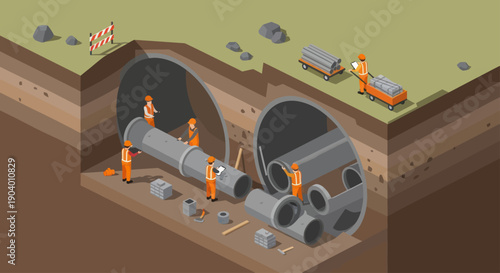 Construction workers installing large pipes underground in a tunnel.