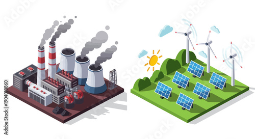 Contrasting Energy Production - Fossil Fuel Power Plant vs. Renewable Solar and Wind Farm.