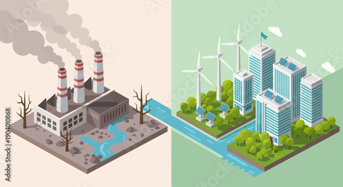 Contrasting Industrial Pollution with Sustainable Green City Development.