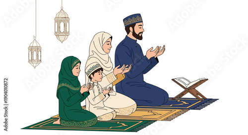 Muslim family in traditional attire praying together on a colorful rug during Ramadan.