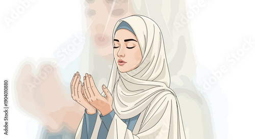 Muslim woman in hijab praying with hands clasped in front of her face during Ramadan or congregational prayer at a mosque.