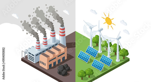 Contrasting Energy Sources - Pollution from Fossil Fuels vs. Clean Renewable Energy.