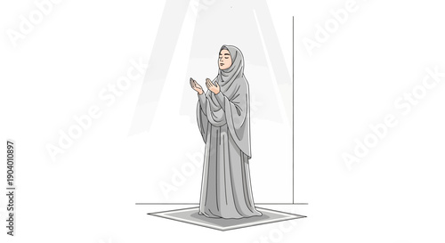 A Muslim woman in a gray hijab and robe prays on a square mat in a mosque during Ramadan.
