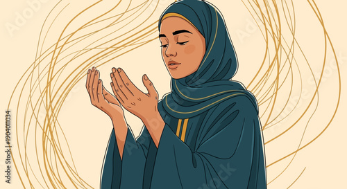 A Muslim woman wearing a hijab praying during the Ramadan kareem fast.