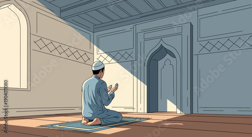 A Muslim man in a blue outfit praying on a mat in a mosque during Ramadan or Ramadhan.