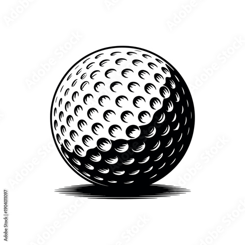A black and white illustration of a golf ball with dimples on a plain background.