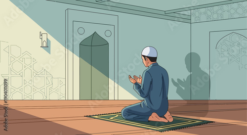 A Muslim man in a mosque praying on a prayer mat during Ramadan, a moment of dhikr and congregational prayer.