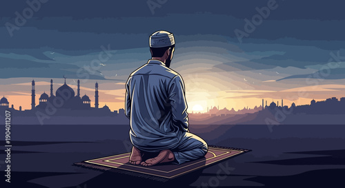 A Muslim man sits on a prayer mat facing a mosque at sunset during Ramadan.
