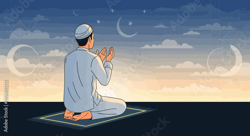 A Muslim man in prayer during Ramadan, sitting on a mat with hands clasped, crescent moons in the sky.