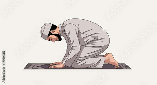A Muslim man in traditional attire performing a prayer on a mat during Ramadan or Ramadhan.