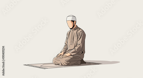 A Muslim man wearing a white cap sits on a prayer mat during a congregational prayer in a mosque on Ramadan Kareem.