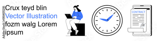 Time management, freelancing, business productivity, contract agreements, remote work, deadlines. A person working on a laptop, a clock for time and a signed contract. Time management