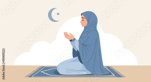 A Muslim woman in hijab prays on a mat during Ramadan with a crescent moon in the sky