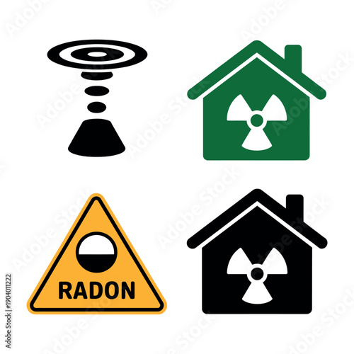 A collection of warning signs and icons for radon gas and radiation safety in homes and buildings.