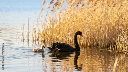 Black swan with cygnet swimming near reeds in a calm lake at golden hour