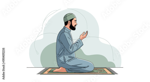 A Muslim man in traditional attire performing congregational prayer during Ramadan or a Muslim man praying on a mat during a fast.